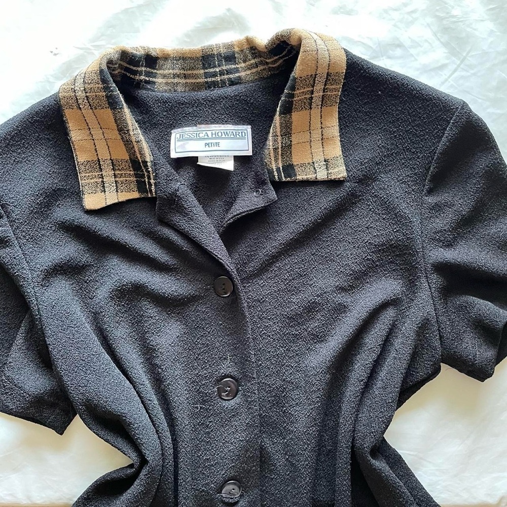 Vintage Jessica Howard Black Short Sleeve Button Down with Plaid Details